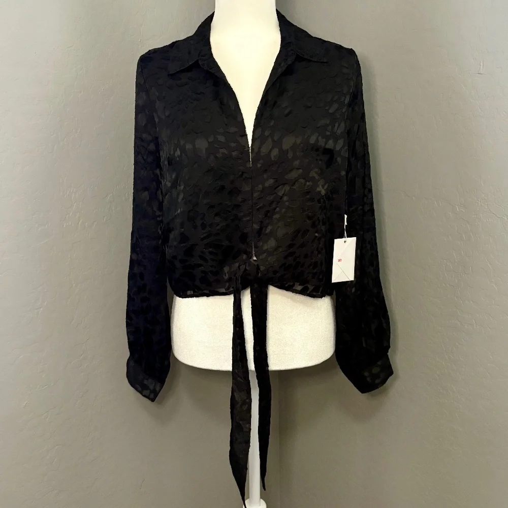 NWT Good American 2 (M) Long Sleeve Tie Front Black Leopard Burnout Blouse - Picture 1 of 9